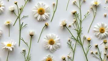 Chamomile daisy buds and stems brightly patterned on a white background, Ai Generated video