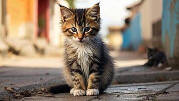 The image shows a small, wet kitten sitting on a wet sidewalk, Ai Generated video