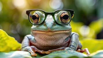 The frog is wearing a pair of round glasses with black frames, Ai Generated video