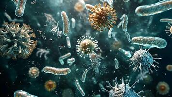 Abstract depiction of bacteria and viruses in various shapes against a dark and mysterious background, Ai Generated. video