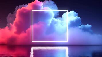 Minimalistic pastel cloud backdrop adorned by a radiant neon-light square frame, Ai Generated. video