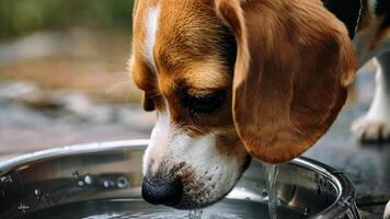 Close-up captures a dog drinking water from a bowl, showcasing thirst-quenching refreshment, Ai Generated. video