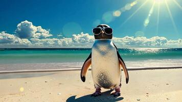 ilustrando clima cambiar, un pingüino en Gafas de sol soportes en un soleado playa, un surrealista escena, ai generado. video