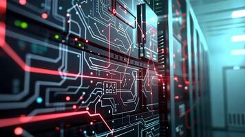 Server rack animation with interconnected circuit board dots, Ai Generated video