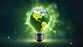 Illuminate the green energy concept with a lightbulb shaped as planet Earth against a verdant backdrop. Ai Generated. video