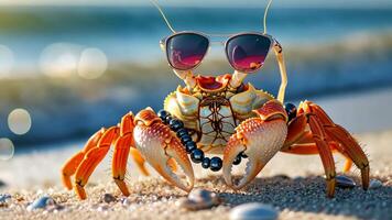 Crab accessorized with sunglasses and necklace, chilling on the sandy beach, stylish crustacean, Ai Generated. video