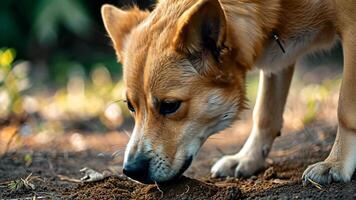 Dog eagerly sniffs dirt on the ground, exploring with its keen sense of smell, Ai Generated. video