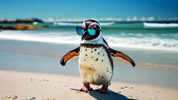 Illustrating climate change, a penguin in sunglasses stands on a sunny beach, a surreal scene, Ai Generated. video