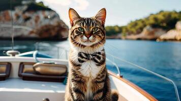 apuesto gato en un arco Corbata se sienta encima un bote, disfrutando el mar brisa, ai generado. video