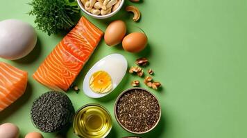 Concept of a ketogenic diet with ingredients like salmon, avocado, eggs, nuts, and seeds, set against a bright green backdrop, top perspective, Ai Generated. video