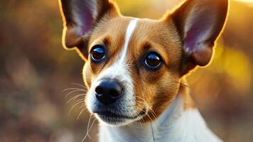 Close-up of a small dog with brown and white fur, its expressive eyes shining, Ai Generated. video