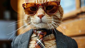 Suave cat dons sunglasses and a sharp suit with a tie, exuding sophistication, Ai Generated. video