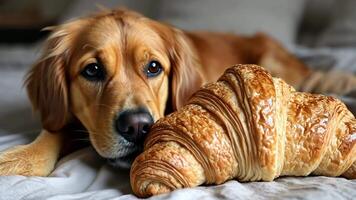 Whimsical depiction of a dog fashioned in the shape of a croissant, quirky charm, Ai Generated. video