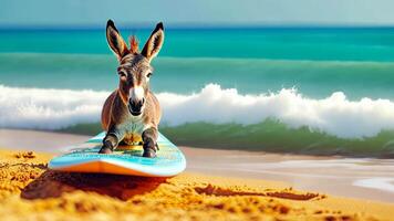 A cute donkey surfer enjoys a fun-filled summer day at the beach, riding waves with enthusiasm, Ai Generated. video