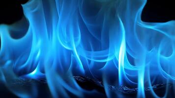Close-up of blue flames against a black backdrop, an intense and captivating inferno, Ai Generated. video