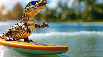 A cute crocodile surfer enjoys a fun-filled summer day at the beach, riding waves with enthusiasm, Ai Generated. video