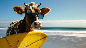 A cute cow surfer enjoys a fun-filled summer day at the beach, riding waves with enthusiasm, Ai Generated. video
