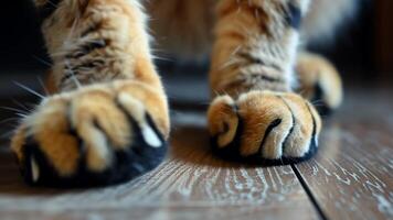 Close-up of a cat's paws and sharp claws on the floor, ready for action, Ai Generated. video