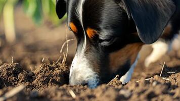 Dog eagerly sniffs dirt on the ground, exploring with its keen sense of smell, Ai Generated. video