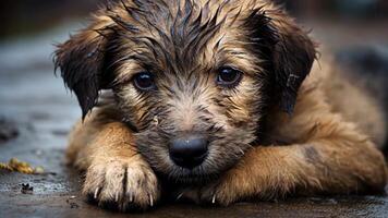 An abandoned, wet, and hungry dog finds solace as it cuddles a small kitten, Ai Generated. video