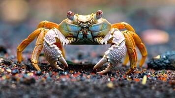 Crab scuttles across the sandy beach, shell gleaming under the sun, coastal charm, Ai Generated. video