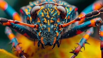 Close-up of a vibrant bug showcasing intricate patterns and bright colors, mesmerizing, Ai Generated. video