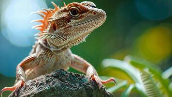 Close-up of a lizard perched atop an object, showcasing its reptilian features, Ai Generated. video