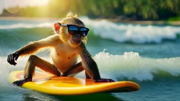 A cute gibbon surfer enjoys a fun-filled summer day at the beach, riding waves with enthusiasm, Ai Generated. video