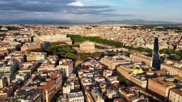 Aerial view of Rome, Italy at sunset. The Castle of St. Angelo is the Mausoleum of Hadrian. Drone view video