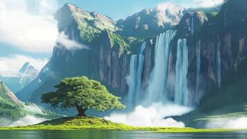 Panorama of the most beautiful fantasy waterfall with the enviroment forest animation video