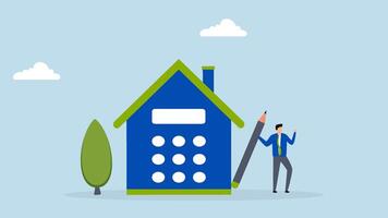 House mortgage calculation, 4k animation of broker businessman with pencil holding calculator and house. video