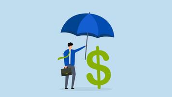 Income protection insurance, 4k animation of The businessman with a large umbrella exuding confidence, covered in dollar signs. video