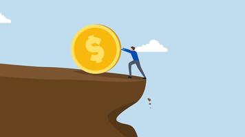 Debt, The businessman, 4k animation of feeling frustrated, puts in a lot of effort to push a large coin off the edge of a cliff. video