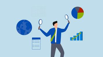 Business analysis, 4k animation of The intelligent businessman analyst is examining a graph and chart with a magnifying glass. video