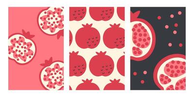 Retro style vertical posters set with pomegranates. Perfect background template for banner, card, label, sale. Hand drawn illustration. vector