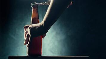 Opening a bottle of refreshing beverage in a dimly lit setting with atmospheric smoke video