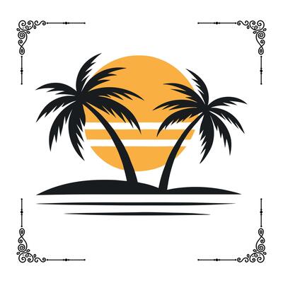 Tropical Scene Art Minimalist Palm Trees Silhouette with Sunset