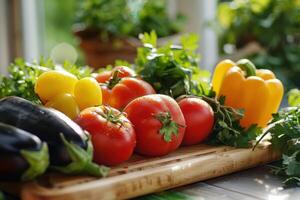 A wooden cutting board with various vegetables photo