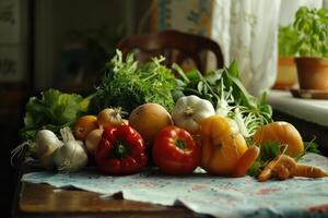 Vegetables on a table in front of a window photo