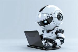 A robot is sitting on a laptop computer photo
