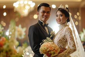 A bride and groom pose for a photo in front of a wedding cake