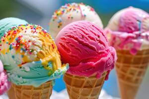 Ice cream cones with colorful sprinkles photo