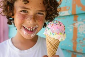A young boy is holding an ice cream cone photo