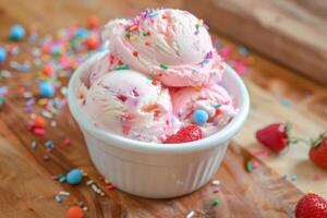 A bowl of ice cream with sprinkles and strawberries photo
