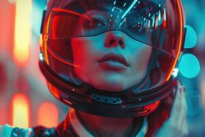 A woman in a futuristic helmet with neon lights photo