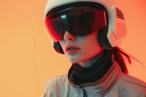 A woman wearing a helmet and goggles photo