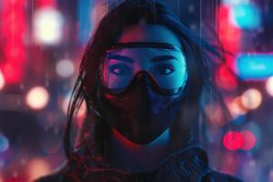 A woman wearing a mask and a black jacket in the rain photo