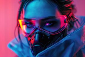 A woman wearing a gas mask and goggles photo