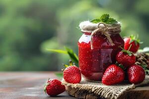 Strawberry jam in a jar on a wooden table with fresh strawberries photo