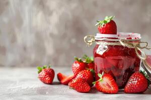 Strawberry jam in a glass jar with a jar of strawberries on a table photo